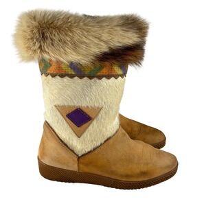Vintage Garden Sport Boots Goat Fur Winter Tan Leather Made In ITALY Sz 41 US 10